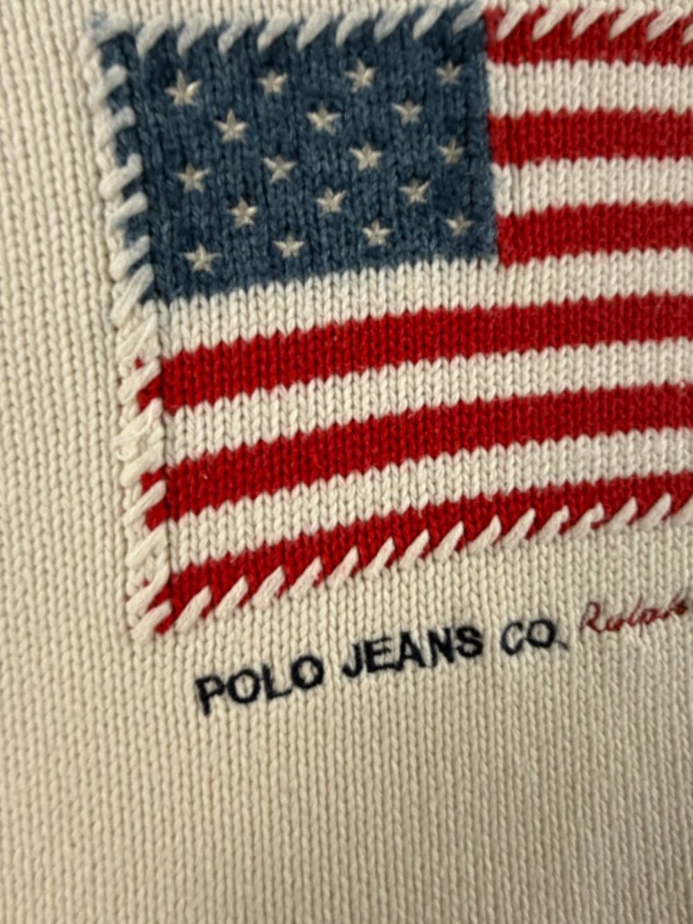 Polo Jeans Co Ralph Lauren Flag Sweater Knit Graphic Pullover Ivory Patriotic - Picture 13 of 16